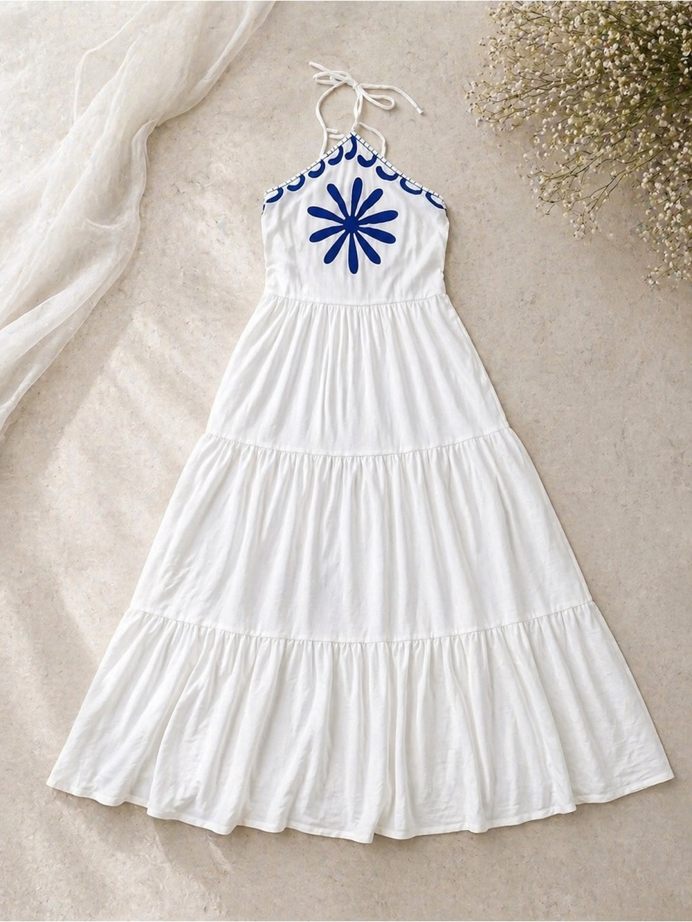 White Maxi Halter Dress with Blue Floral Detail